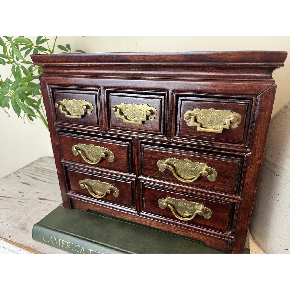 Vintage Oriental Mahogany Wooden Jewelry Box 7 Drawers Blue Satin Lined